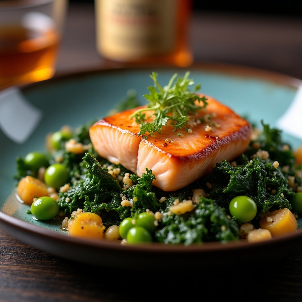 Black Kale & Smoky Sockeye Whiskey Salad presentation