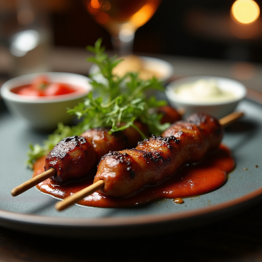 Whiskey-Glazed Beef & Chorizo Skewers presentation