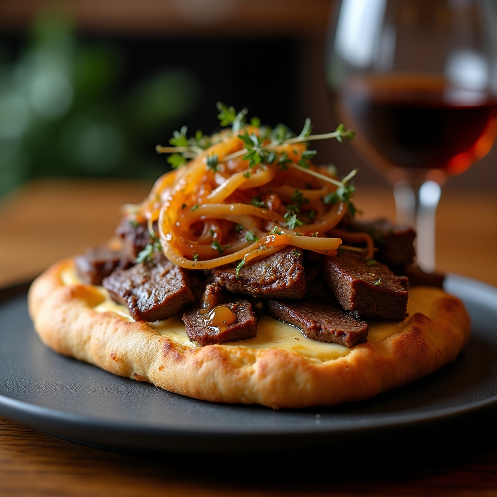 Braised Beef & Maple-Pepper Flatbread presentation
