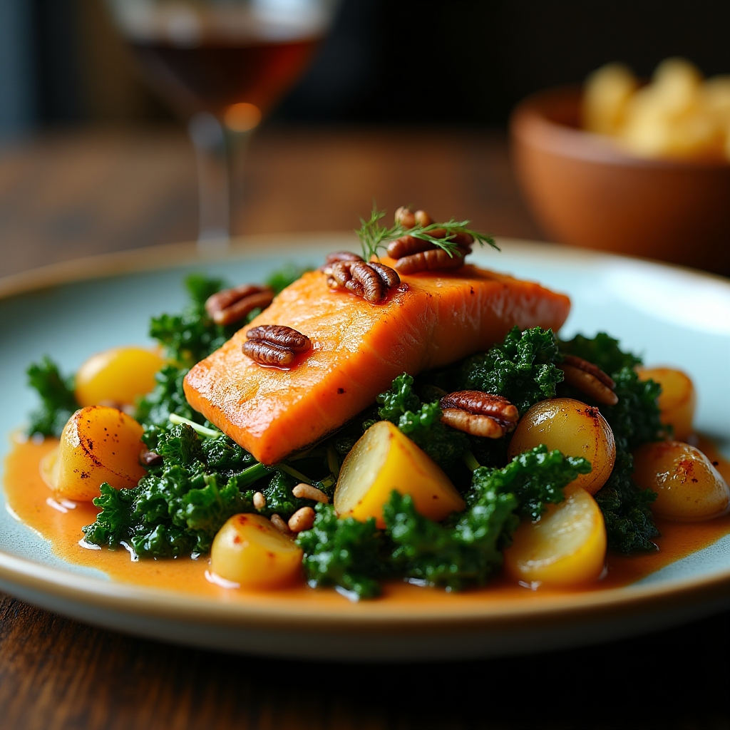 Warm Roasted Root & Sockeye Kale Salad presentation