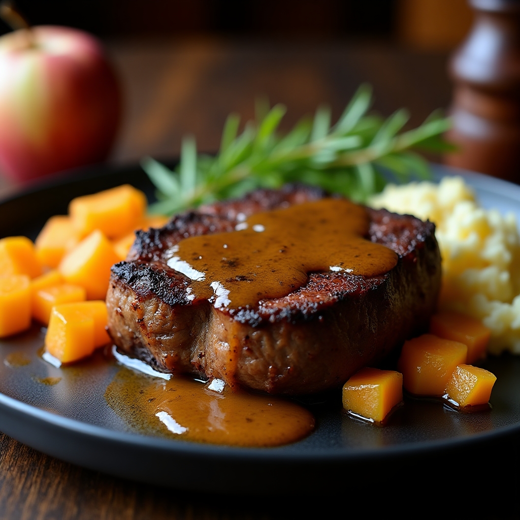 Cedar-Planked Ribeye with Roasted Apple Butter presentation