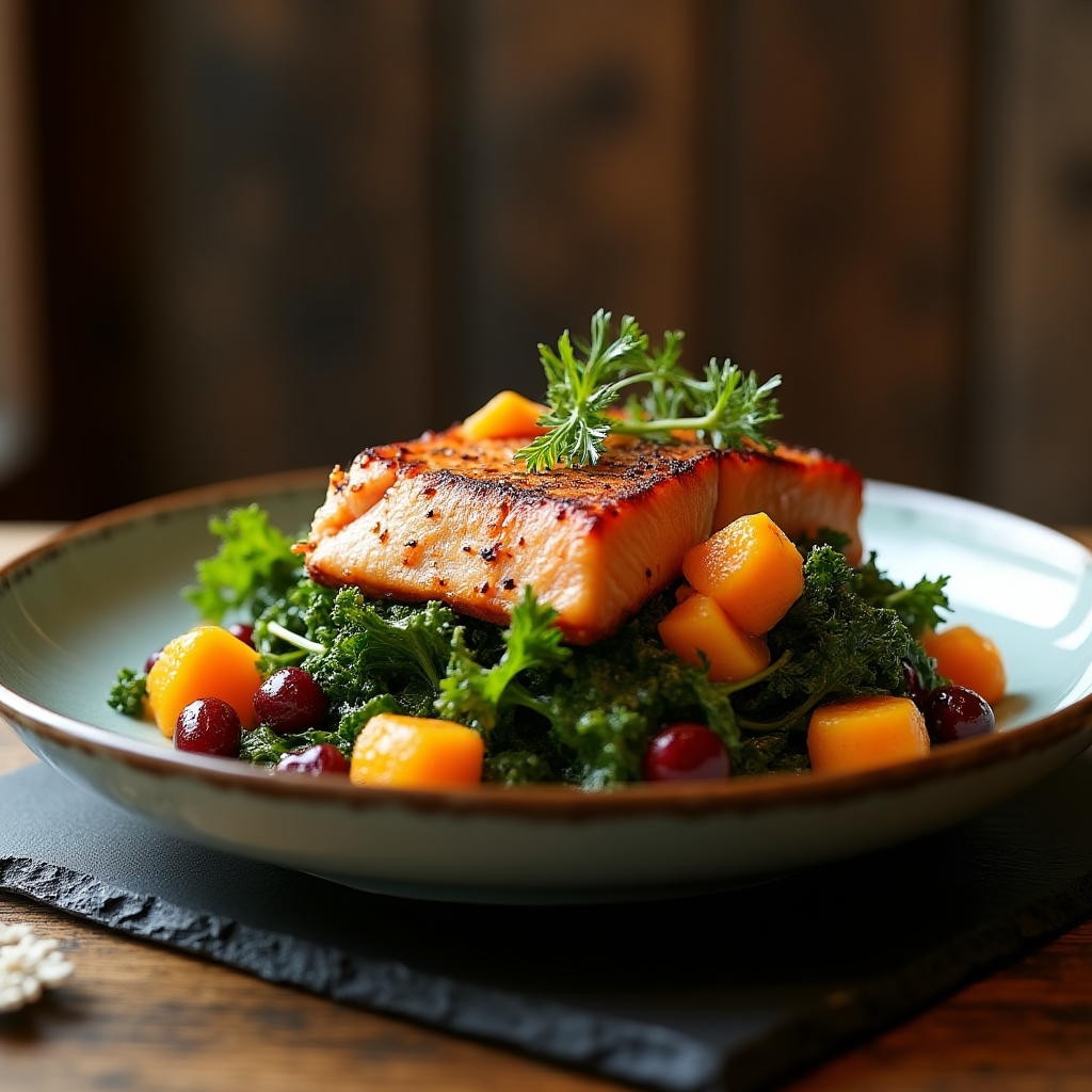 Warm Roasted Sockeye & Black Kale Harvest Salad presentation