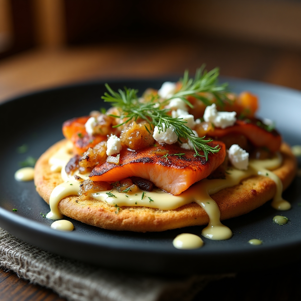 Smoked Salmon & Chorizo Flatbread with Dill Aioli presentation