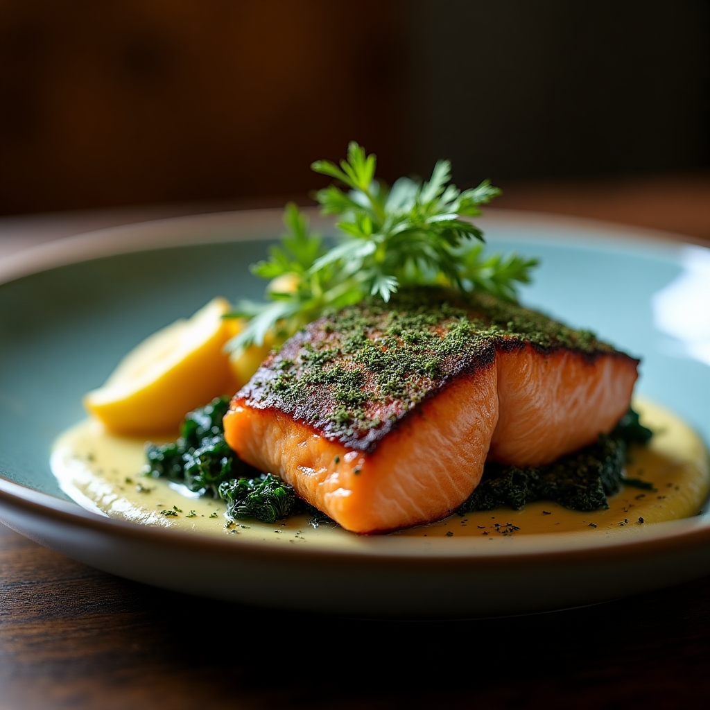 Dill-Crusted Sockeye with Fresno-Spiced Butter presentation