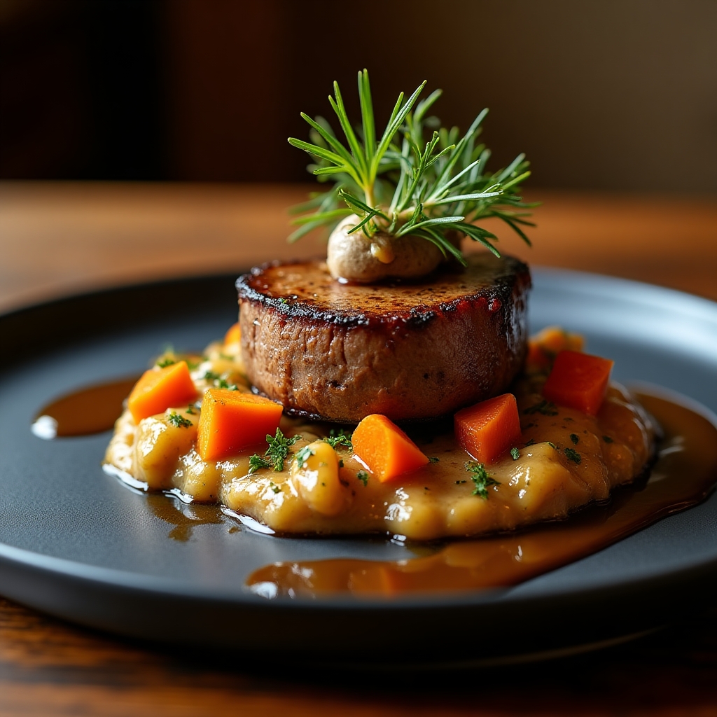 Maple-Glazed Venison with Chanterelle Ragout presentation