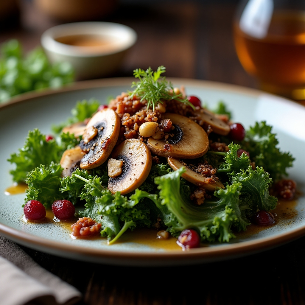Warm Mushroom & Maple Kale Salad presentation