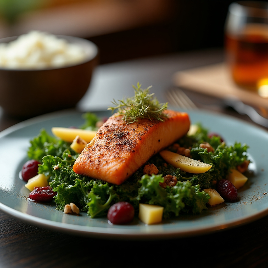 Warm Roasted Apple & Black Kale Salad with Smoked Sockeye presentation