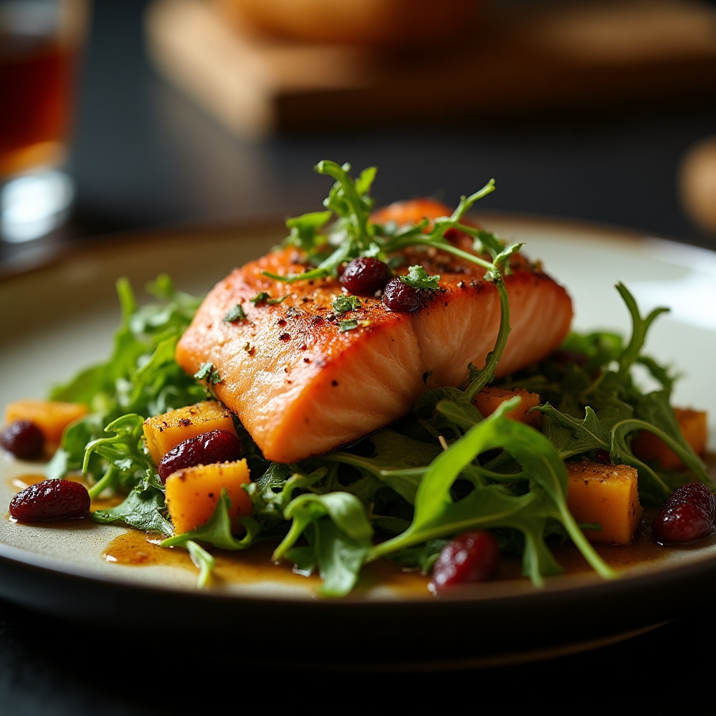 Spiced Sockeye & Arugula Salad presentation