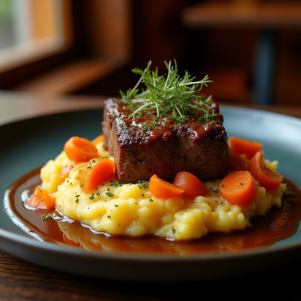 Cider-Braised Beef Short Rib with Roasted Root Mash presentation