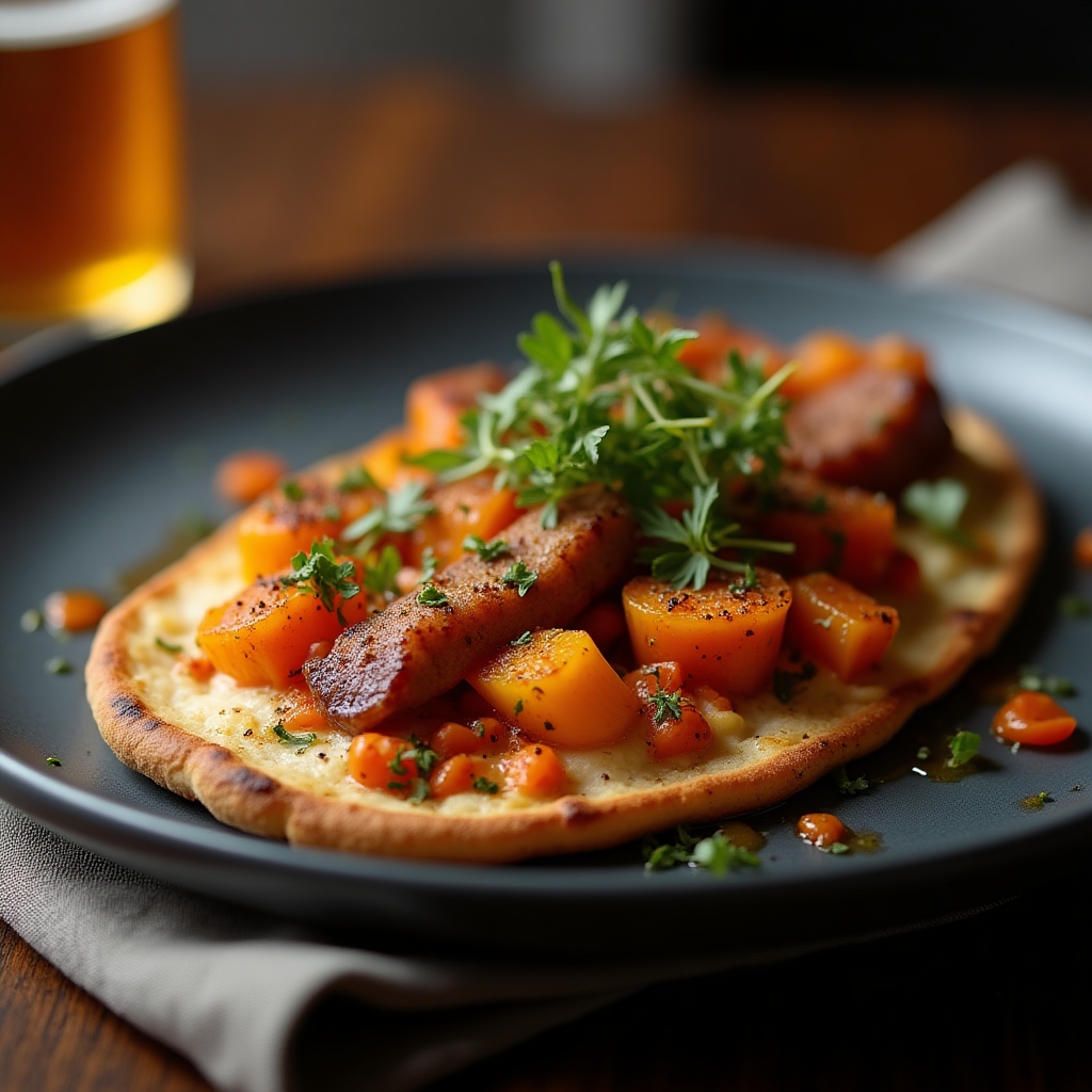Roasted Root & Chorizo Flatbread with Smoked Tomato Cream presentation