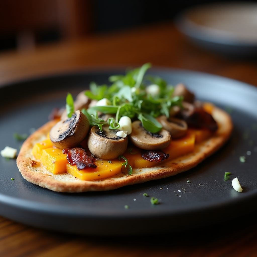 Warm Pumpkin & Bacon Flatbread presentation