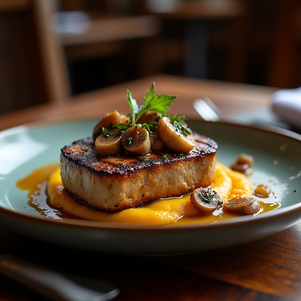 Autumn Berkshire Pork Chop with Honey-Bourbon Apple Jus presentation