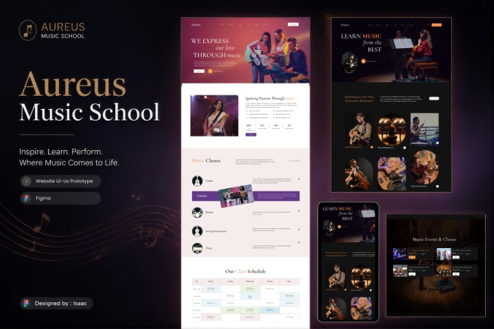 Cover for Aureus Music School: a long landing page, a dark-theme page and a mobile view showing music classes, a weekly schedule and performers, on a dark purple background.