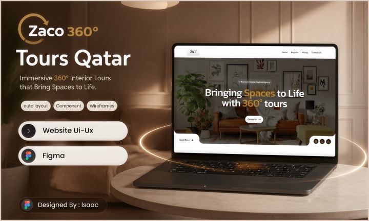 Cover for Zaco 360 Tours Qatar: a laptop showing a website hero, 'Bringing Spaces to Life with 360° tours', in a warm, softly lit living room.