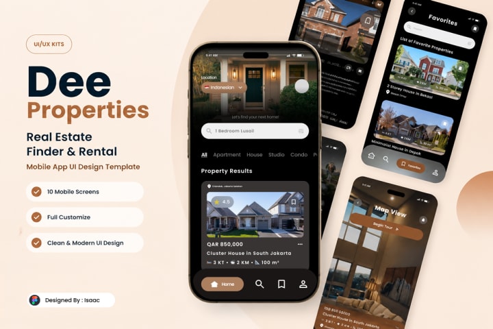 Cover for Dee Properties, a real estate finder and rental mobile app template: dark phone screens showing property listings, favourites and a map view.