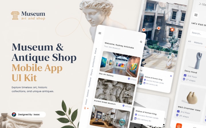 Cover for the Museum & Antique Shop mobile app UI kit: phone screens showing galleries, a virtual tour and antique items, beside a marble bust.