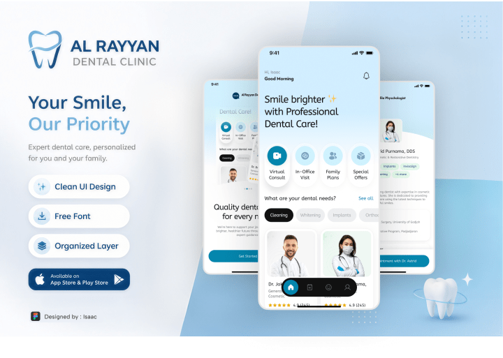 Cover for Al Rayyan Dental Clinic: three phone screens on a pale blue background showing virtual consult options and dentist profiles, headline 'Your Smile, Our Priority'.