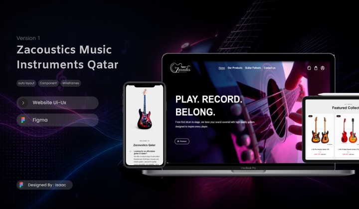 Cover for Zacoustics Music Instruments Qatar: a phone, laptop and tablet showing a dark guitar-shop website with the headline 'Play. Record. Belong.' over a glowing purple guitar photo.