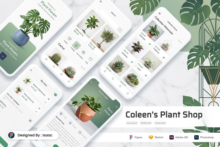 Cover for Coleen's Plant Shop: five green and white phone screens showing plant categories, a shopping cart and a product page, among monstera leaves.