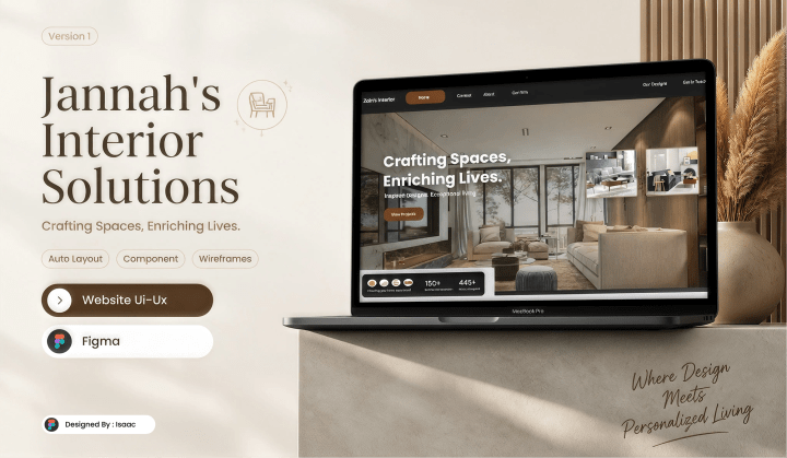 Cover for Jannah's Interior Solutions: a laptop showing a website hero, 'Crafting Spaces, Enriching Lives', on a stone plinth beside dried pampas grass.