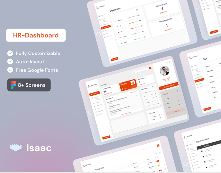 Cover for HR-Dashboard: tablet screens on a grey-purple background showing an HR admin dashboard, staff list, departments and a payroll generator.