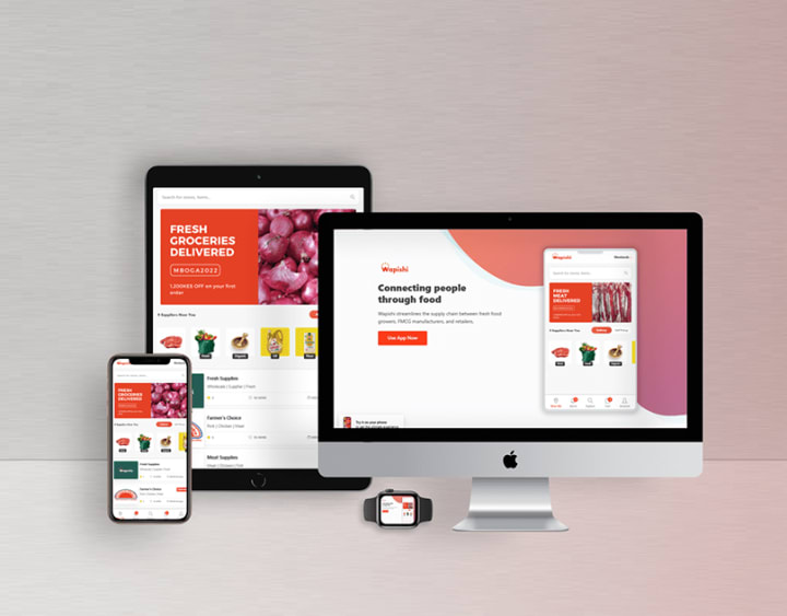Cover for Wapishi: a food supply marketplace with a fresh groceries offer, shown as a desktop landing page, a tablet and a phone.