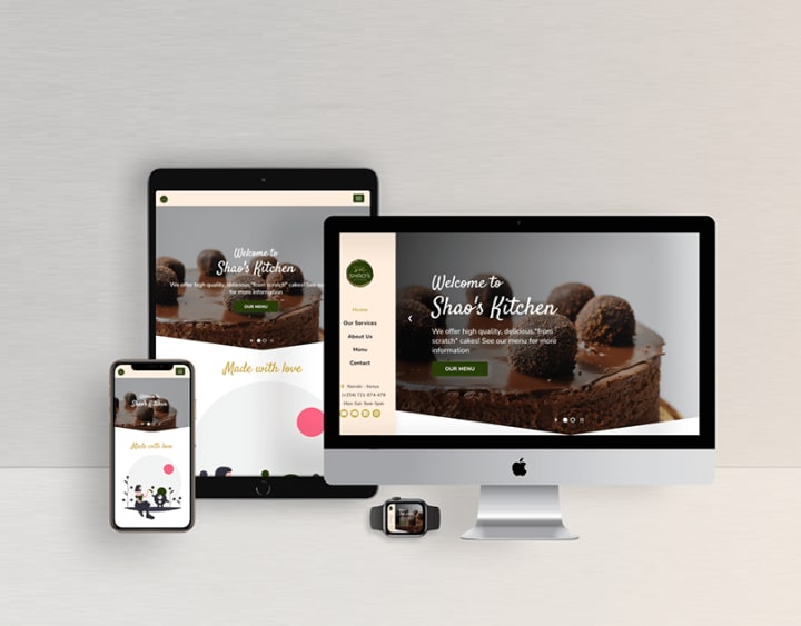Cover for Shao's Kitchen: a bakery website with a chocolate cake hero image, shown on a desktop monitor, a tablet, a phone and a watch.