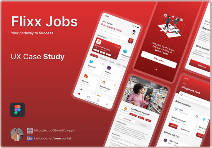 Cover for Flixx Jobs, a UX case study: a red background with phone screens showing job listings, an onboarding screen for jobs in Sierra Leone, and a job description.