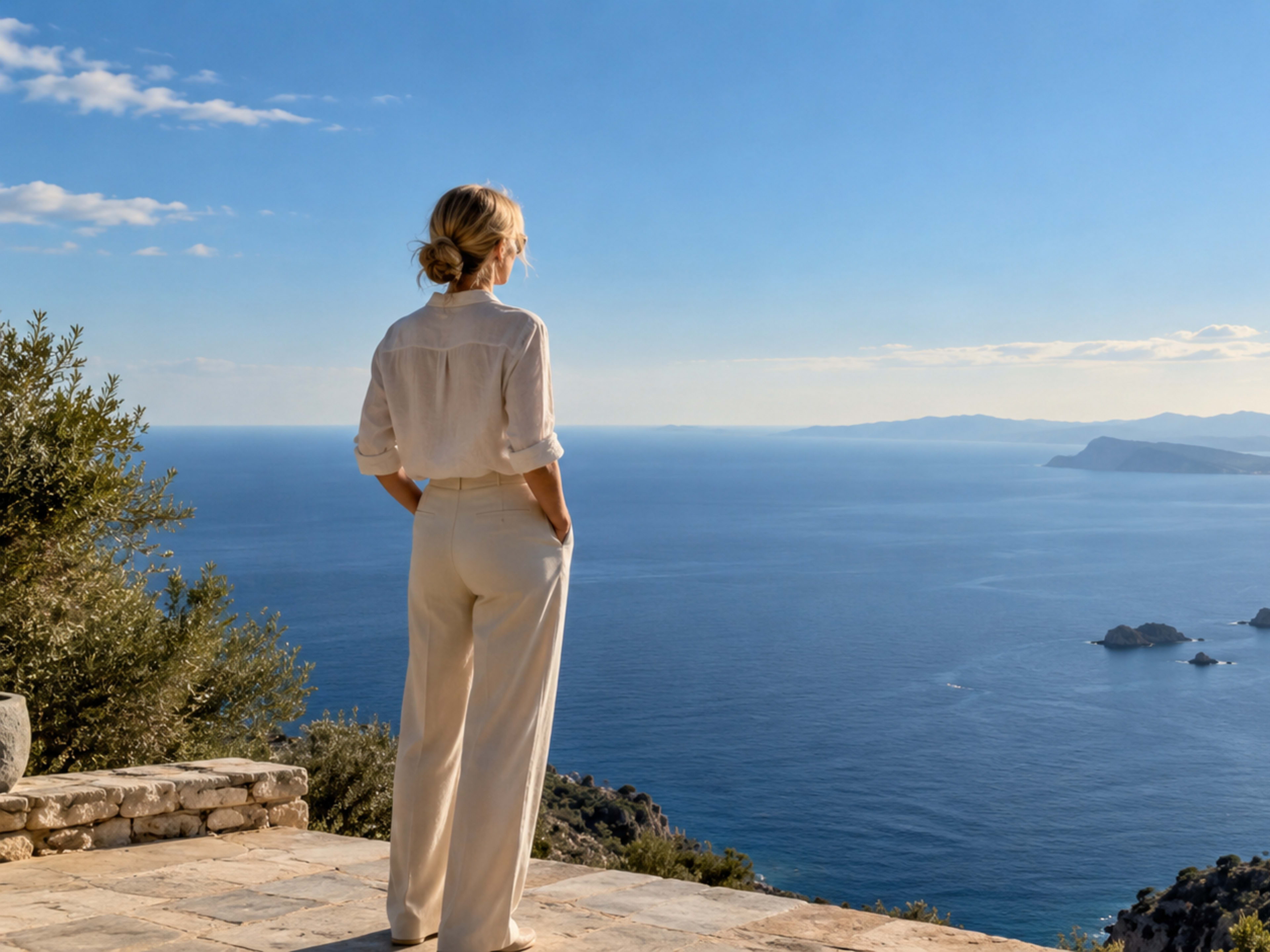 A tranquil coastal view from a terrace.