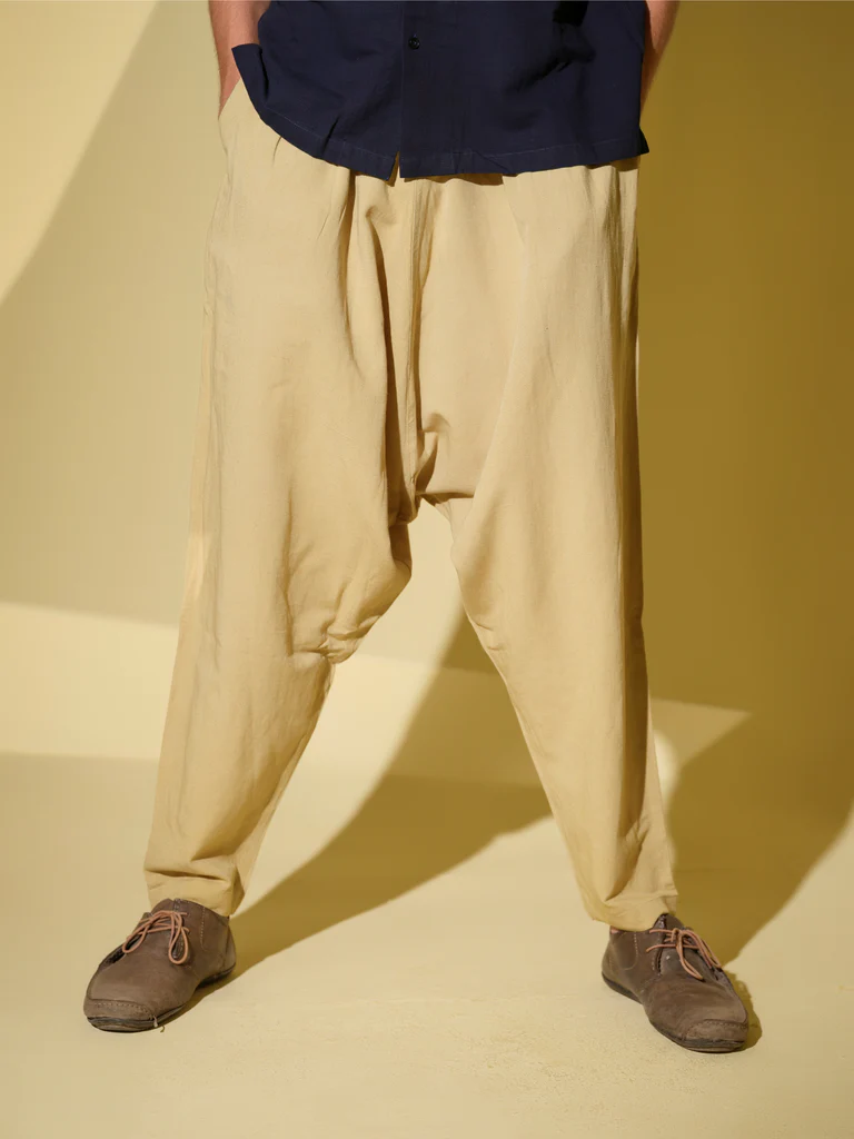 Organic dyed Linen and Bamboo yellow zouave drop crotch pant | Aharyas