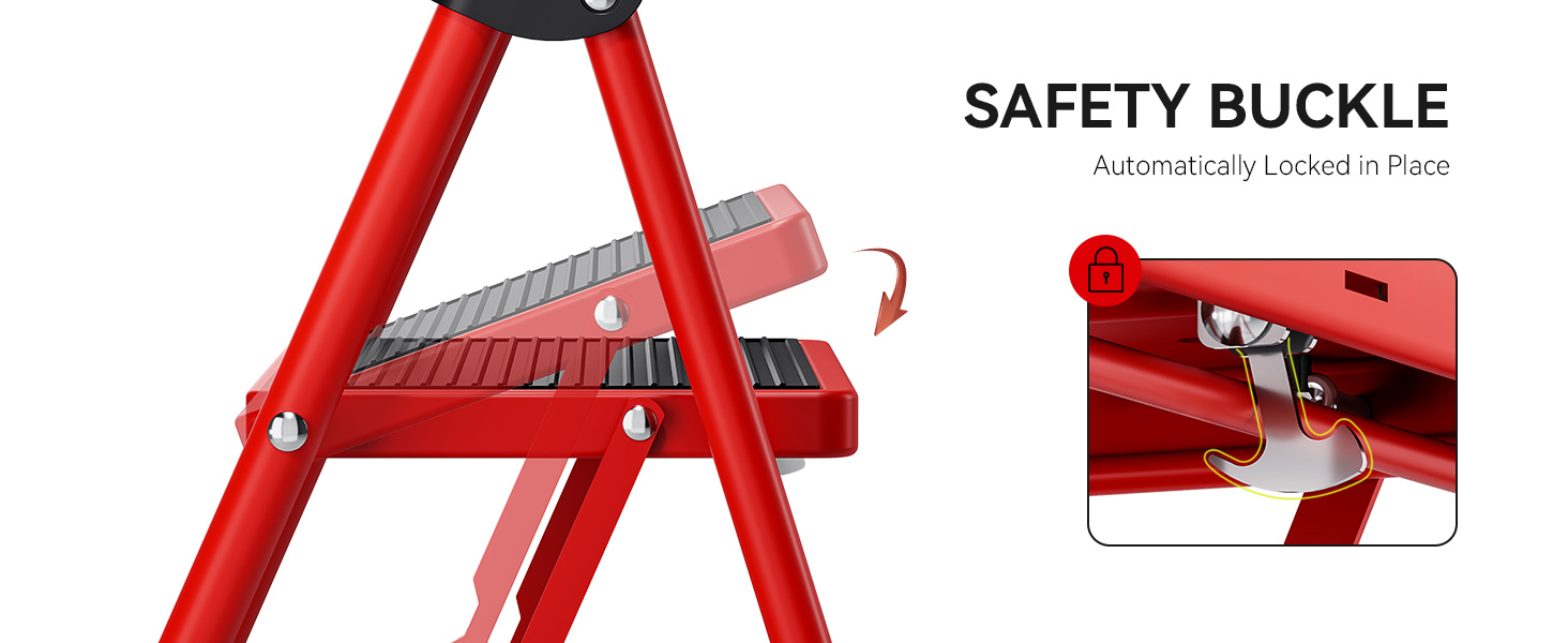 KINGRACK Step Ladder, 3 Step Ladder with with Anti-Slip and Wide Pedal,Portable Foldable Step Stool with Handgrip,Tall Sturdy Step Ladder for Home Kitchen Household,Red thumbnail 5
