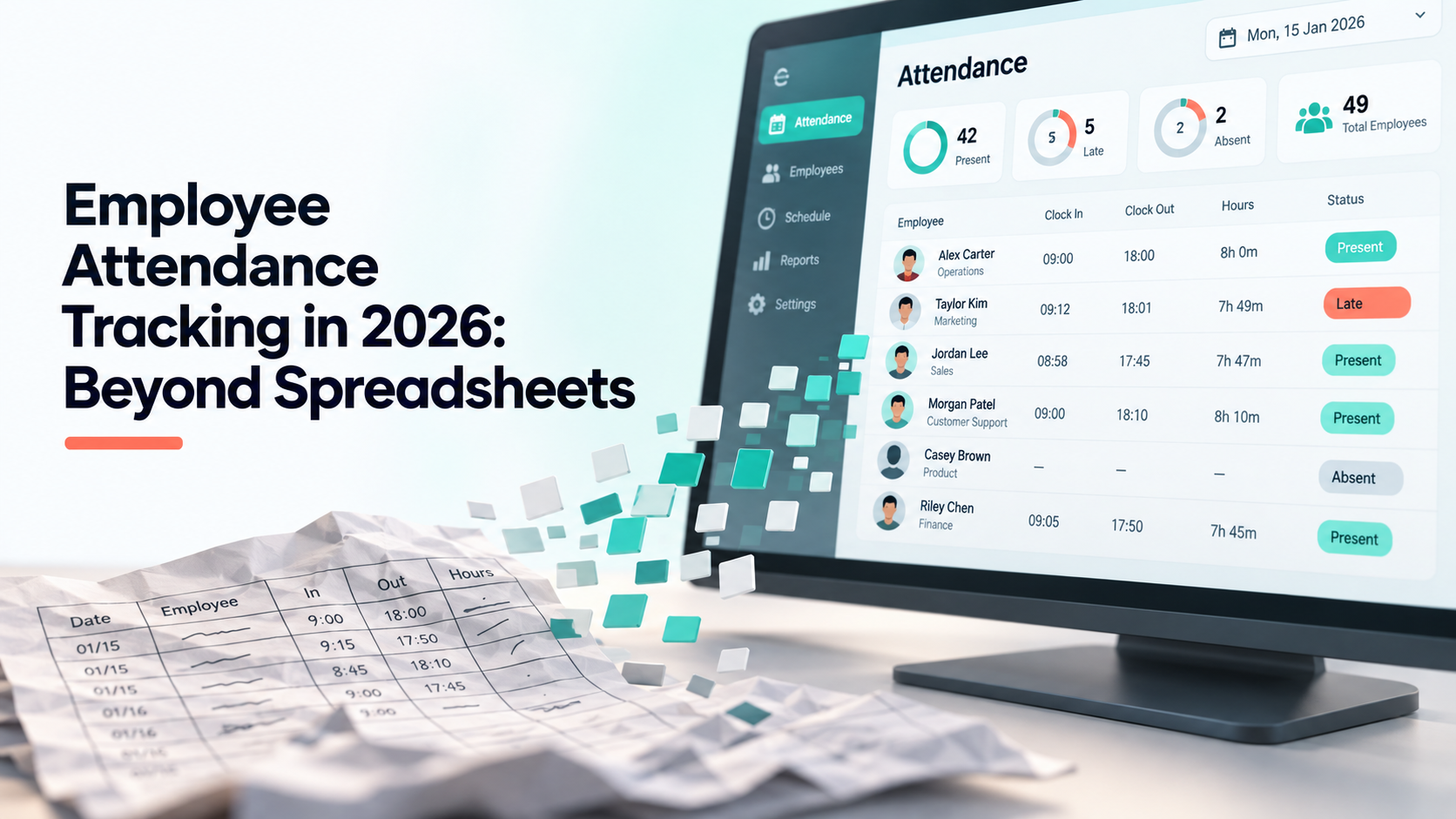 A paper spreadsheet dissolving into a live digital attendance list