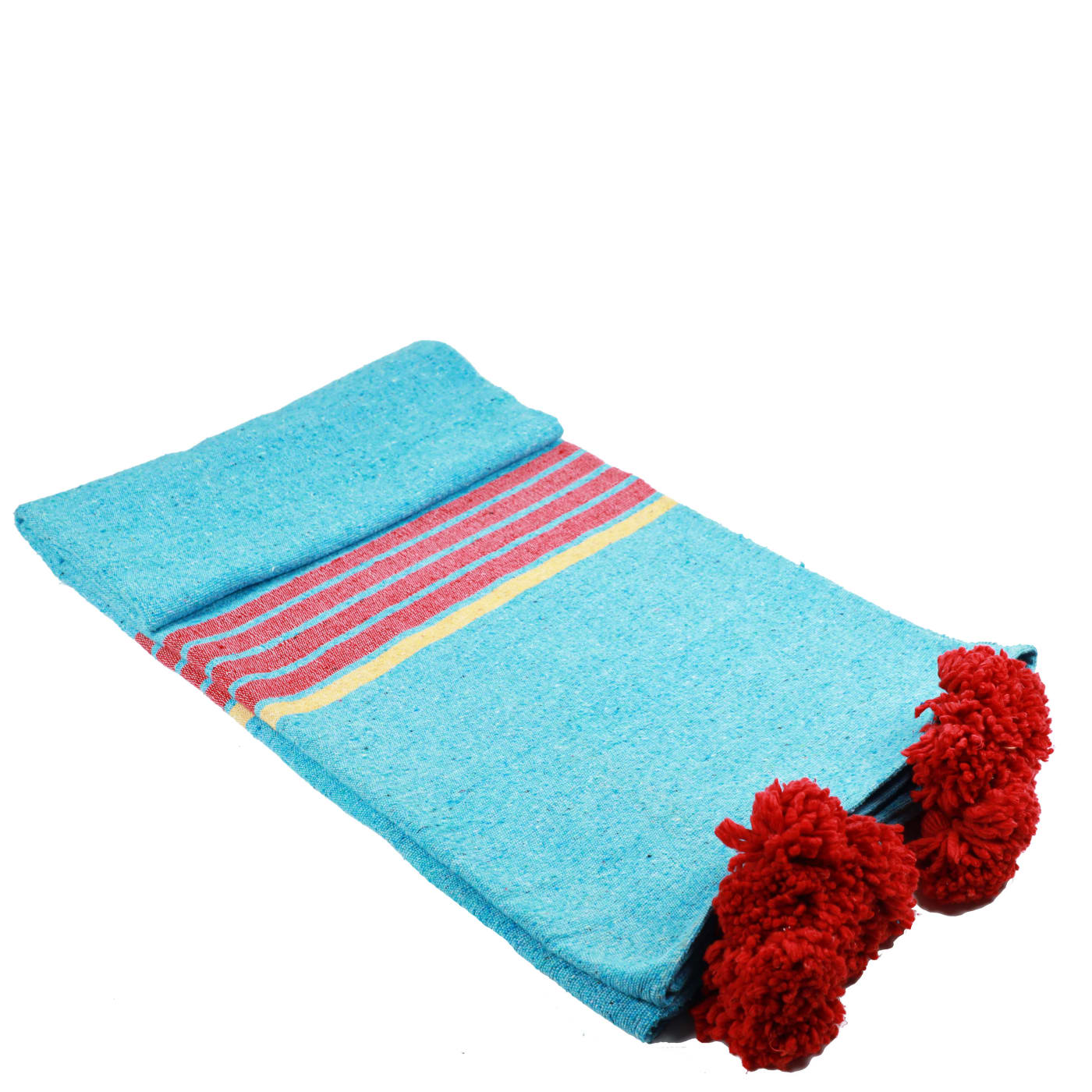 Plaid du Moyen Atlas – Bleu turquoise & pompons rouges — vue 1