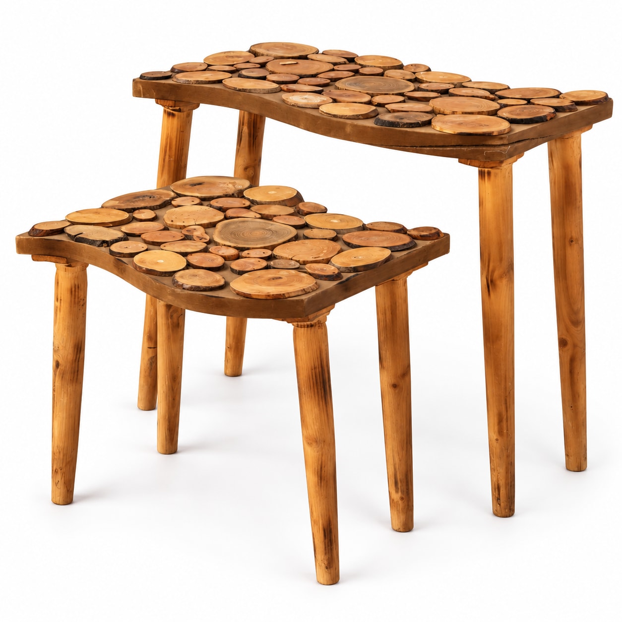 Duo de tables rondelles Cèdre d’El Hajeb – Plateaux graphiques et pieds simples — vue 1