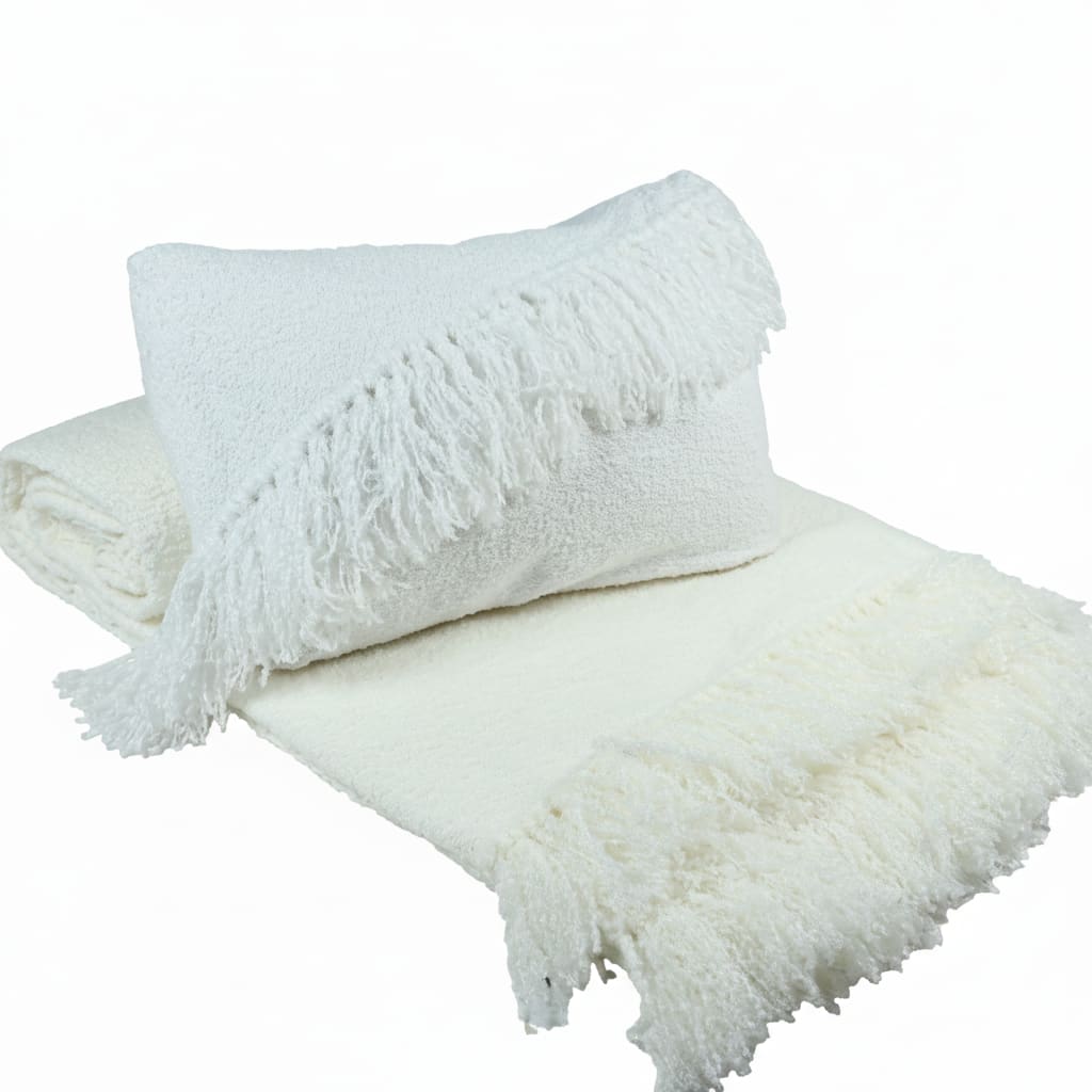 Ensemble plaid & coussin du Moyen Atlas – Ivoire doux à franges — vue 1