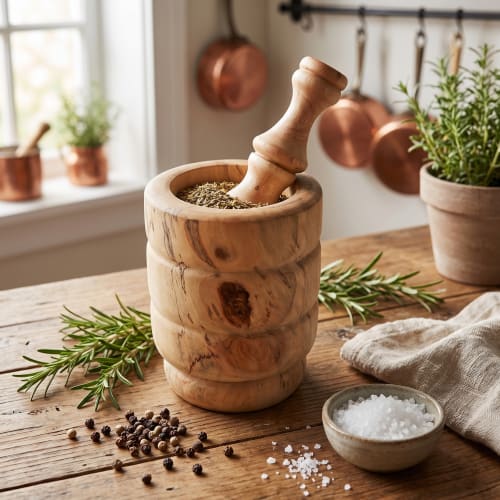 Mortier et pilon en bois d’Azrou – Geste culinaire traditionnel et veinage brut — vue I
