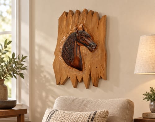 Panneau cheval Cèdre d’Azrou – Relief équestre sur fond clair sculpté — vue II