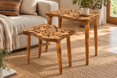 Duo de tables rondelles Cèdre d’El Hajeb – Plateaux graphiques et pieds simples — vue I