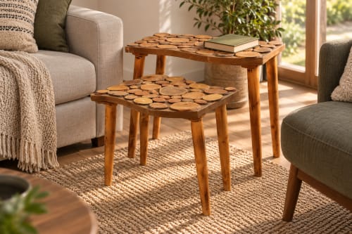 Duo de tables rondelles Cèdre d’El Hajeb – Plateaux graphiques et pieds simples — vue II