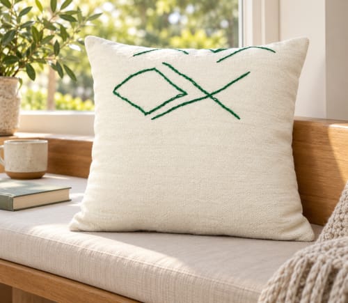 Coussin du Moyen Atlas – Ligne verte abstraite — vue III