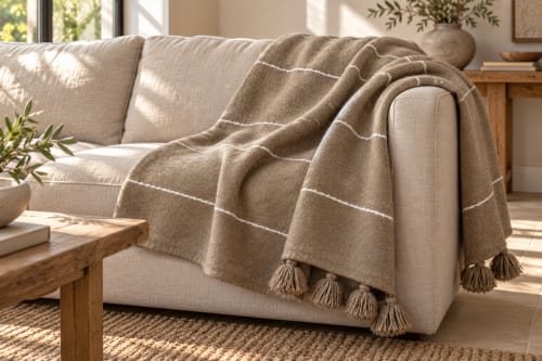 Plaid du Moyen Atlas – Taupe naturel à lignes blanches — vue I