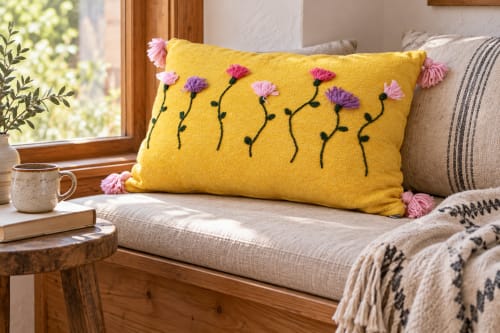 Coussin du Moyen Atlas – Jardin jaune brodé — vue III