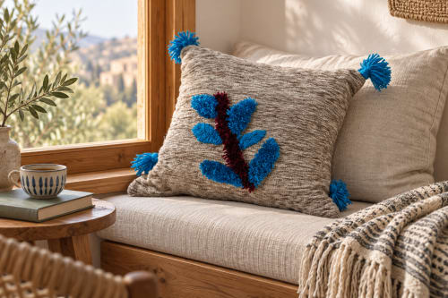 Coussin du Moyen Atlas – Fleur bleue en relief — vue III