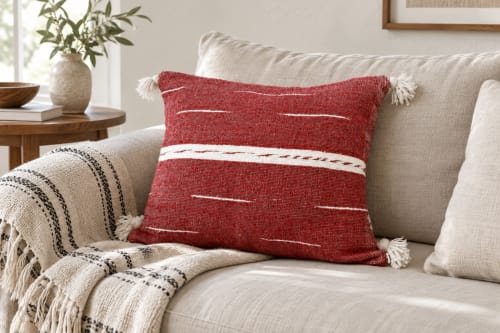 Coussin du Moyen Atlas – Rouge tissé à lignes blanches — vue I