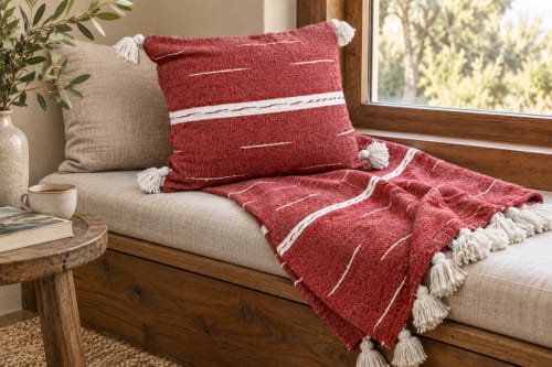 Coussin du Moyen Atlas – Rouge tissé à lignes blanches — vue VI