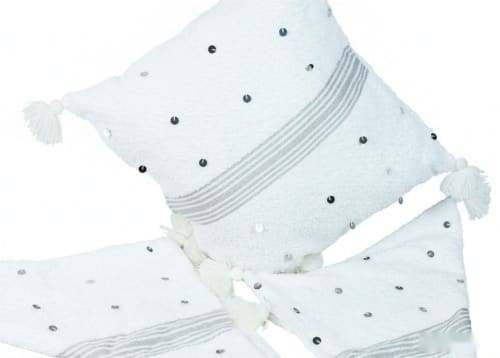 Ensemble plaid & 3 coussins du Moyen Atlas – Blanc nacré à sequins — vue VII