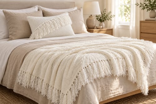 Ensemble plaid & coussin du Moyen Atlas – Ivoire doux à franges — vue II