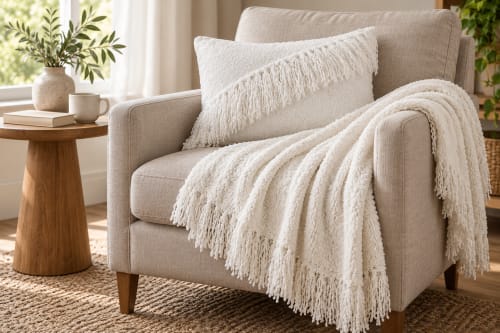 Ensemble plaid & coussin du Moyen Atlas – Ivoire doux à franges — vue III