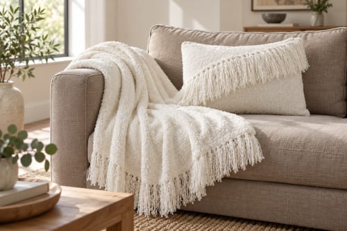 Ensemble plaid & coussin du Moyen Atlas – Ivoire doux à franges — vue I