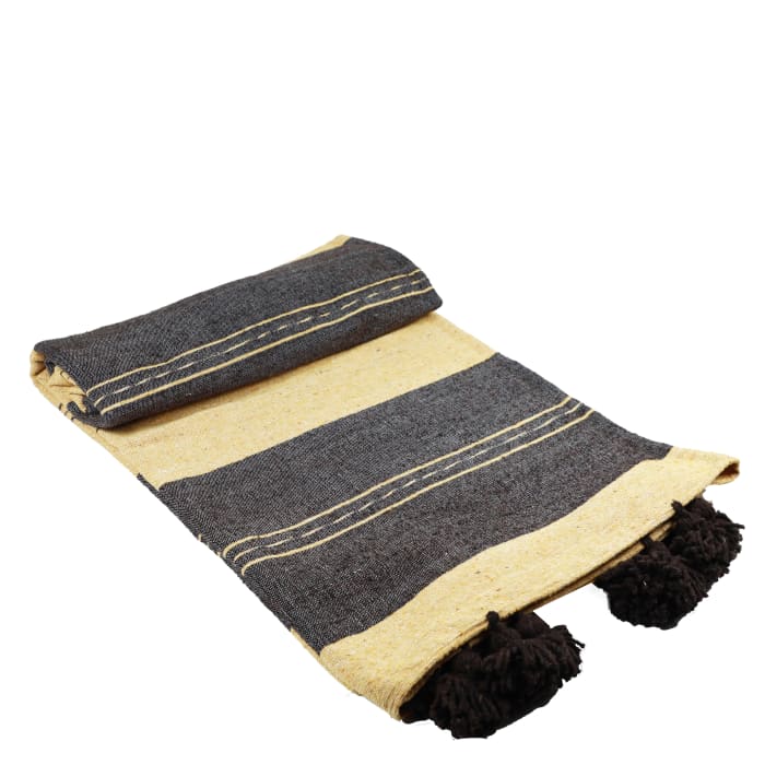 Plaid du Moyen Atlas – Anthracite & sable à pompons noirs